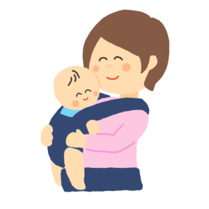 笑う赤ちゃんを抱っこ紐で抱っこする母親の無料イラスト