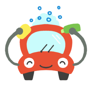 かわいい自動車のキャラクターが洗車をする無料イラスト