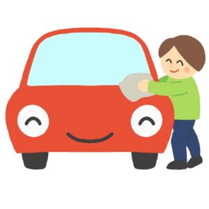 洗車をする男性と自動車のキャラクターの無料イラスト