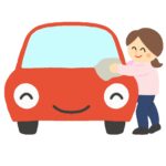 洗車をする女性と自動車のキャラクターの無料イラスト