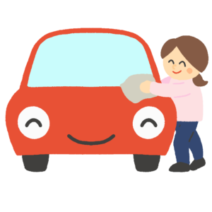 洗車をする女性と自動車のキャラクターの無料イラスト