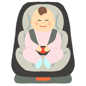 チャイルドシートに乗って笑顔の赤ちゃんの無料イラスト