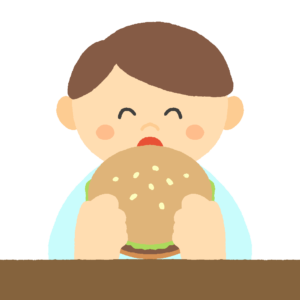 ハンバーガーを美味しそうに食べる男性の無料イラスト