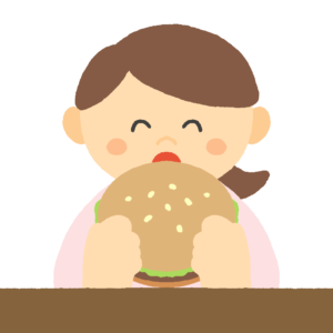 ハンバーガーを美味しそうに食べる女性の無料イラスト