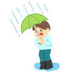 大雨に降られて傘を差している男性の無料イラスト