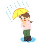 大雨に降られて傘を差している女性の無料イラスト