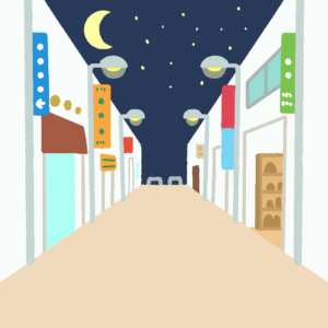 夜の商店街の無料イラスト