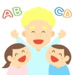 ALT（英語の先生）と英会話を楽しむ生徒の無料イラスト