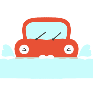 浸水箇所を走っている自動車のキャラクターの無料イラスト