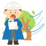 強風・台風のリポートをしているリポーターの無料イラスト