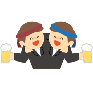 スーツ姿でネクタイを頭に巻いてビールを飲んでいる男性の無料イラスト