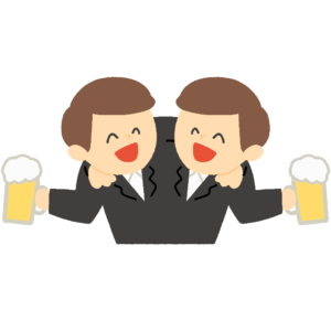 スーツ姿で肩を組んでビールを飲んでいる男性の無料イラスト