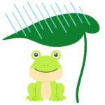 梅雨に葉っぱで雨をしのいでいるカエルの無料イラスト素材