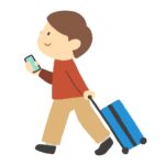 キャリーケースとスマホを持って歩く男性の無料イラスト素材