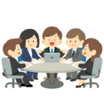 チームで会議・話し合う社員たちの無料イラスト素材