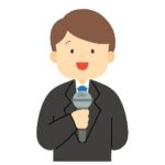 マイクを持って話すスーツ姿の男性の無料イラスト素材