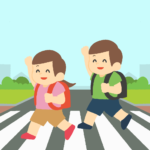 横断歩道を渡る小学生の男の子と女の子の無料イラスト素材
