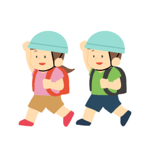 手を挙げて歩く小学生の子どもたちの無料イラスト素材