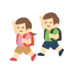 手を挙げて歩く小学生の子どもたちの無料イラスト素材