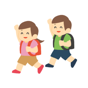 手を挙げて歩く小学生の子どもたちの無料イラスト素材