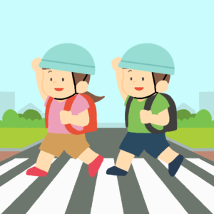 手を挙げて横断歩道を渡る小学生の無料イラスト素材