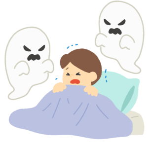 夜お化けが怖い男の子の無料イラスト素材