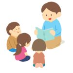 読み聞かせをする男性と子どもたちの無料イラスト素材