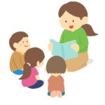 読み聞かせをする女性と子どもたちの無料イラスト素材