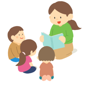 読み聞かせをする女性と子どもたちの無料イラスト素材