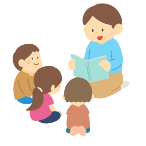 読み聞かせをする男性と子どもたちの無料イラスト素材