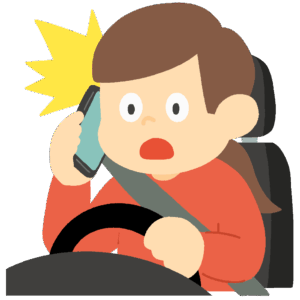 スマホで通話しながら運転して驚く女性の無料イラスト素材