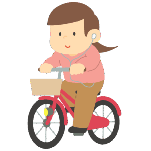 イヤホンをしながら自転車に乗る女性の無料イラスト素材