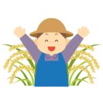笑顔で豊作を喜ぶお米農家の人物イラスト素材（秋・農業・収穫・田舎の暮らし）