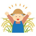 お米の豊作を喜ぶ笑顔の高齢農家さんの無料イラスト素材（収穫・農業・食育・地域・人物）