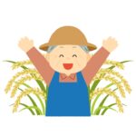 笑顔で豊作を喜ぶ高齢のお米農家の人物イラスト素材（収穫・農業・食育・秋・地域紹介）