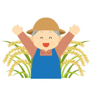 笑顔で豊作を喜ぶ高齢のお米農家の人物イラスト素材(収穫・農業・食育・秋・地域紹介)