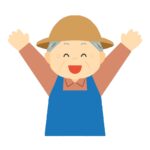 笑顔で喜ぶ高齢の農家さんの無料イラスト素材（収穫・農業・人物・食育・地域紹介）