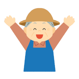 笑顔で喜ぶ高齢の農家さんの無料イラスト素材(収穫・農業・人物・食育・地域紹介)