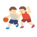 バスケットボールのドリブルとディフェンスをする選手の無料イラスト素材（スポーツ・人物・攻防シーン）