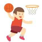 バスケットボールでダンクシュートを決める男性選手の無料イラスト素材（スポーツ・人物・競技・部活動）