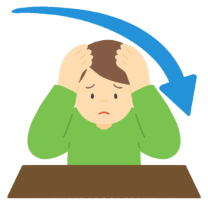 困る男性と下がる矢印の無料イラスト素材