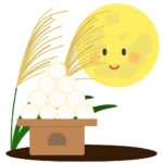 お月見団子とススキとお月さまの無料イラスト素材