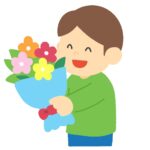 花束のプレゼントを持つ男の子の無料イラスト素材
