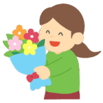 花束のプレゼントを持つ女の子の無料イラスト素材