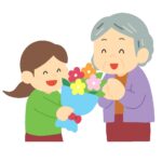 敬老の日に花束をプレゼントする子どもの無料イラスト素材