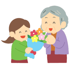 敬老の日に花束をプレゼントする子どもの無料イラスト素材