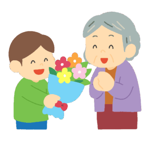 敬老の日に花束をプレゼントする子どもの無料イラスト素材