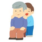 おじいさんの肩たたきをする男の子の無料イラスト素材