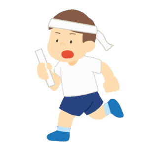 リレーバトンを持ってはちまきをつけて走る白組の男の子の無料イラスト素材(運動会・体育・学校行事・スポーツ)
