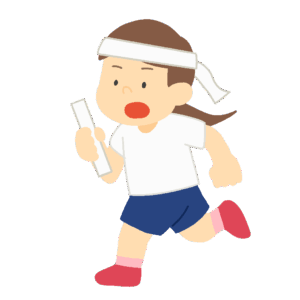 リレーバトンを持ってはちまきをつけて走る白組の女の子の無料イラスト素材(運動会・体育・学校行事・スポーツ)